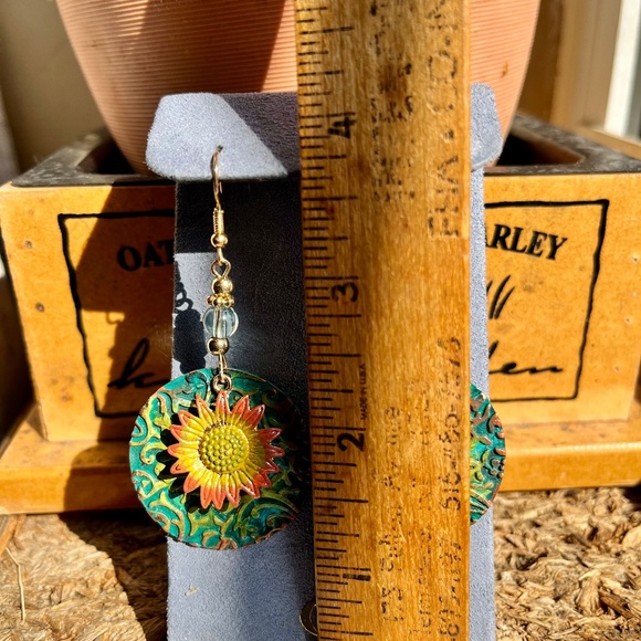 Boho Hand Painted Patina Sunflower Earrings - Bohemian Boho Earrings - OOAK - Picture 7 of 9